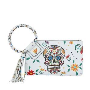 Women White Skull Cuff Graffiti Tassel Clutch Handbag